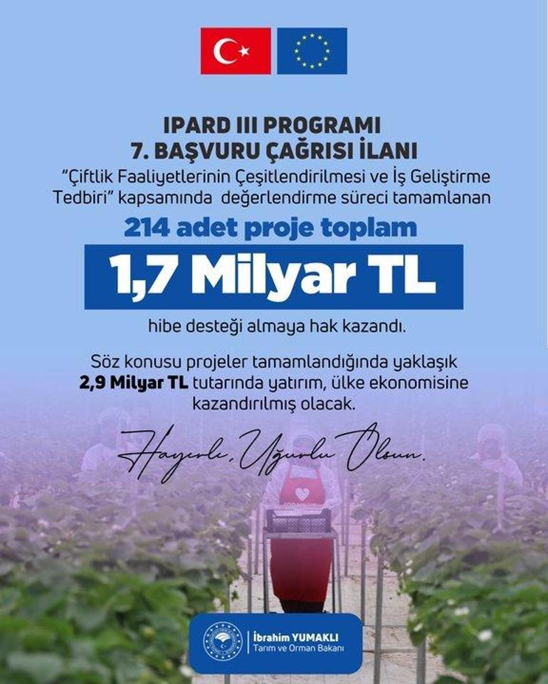 Bakan Yumaklı: IPARD 3 Programı 7nci çağrı dönemi değerlendirmeleri tamamlandı