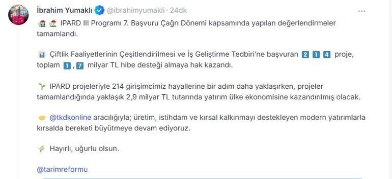 Bakan Yumaklı: IPARD 3 Programı 7nci çağrı dönemi değerlendirmeleri tamamlandı