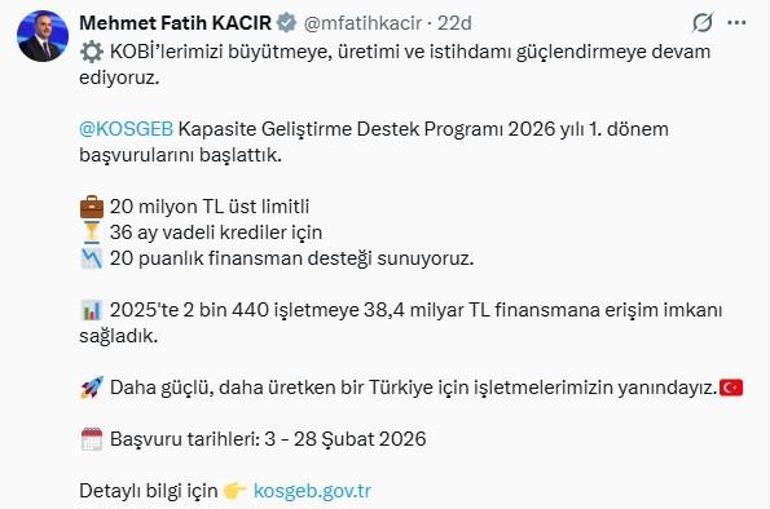 KOSGEB Kapasite Geliştirme Destek Programı 2026 yılı 1inci dönem başvuruları başladı