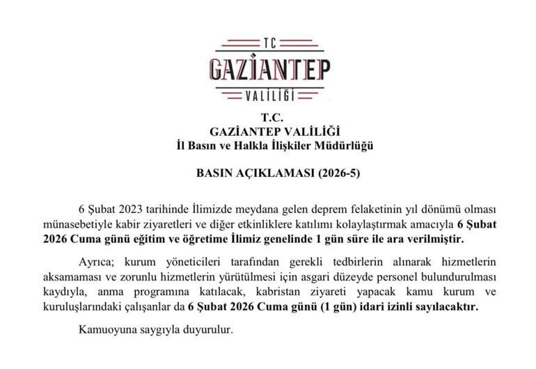 Gaziantep’te 6 Şubatta okullar tatil olacak