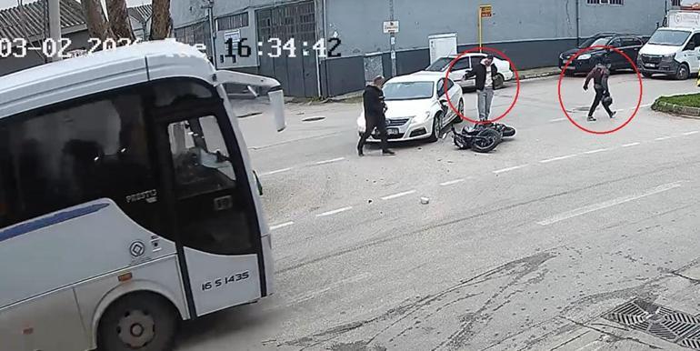 Yaralı motosiklet sürücüsüne yardım etmek yerine otomobilindeki hasara baktı
