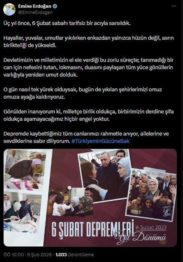 Emine Erdoğan, 6 Şubat depremlerinde hayatını kaybedenleri andı