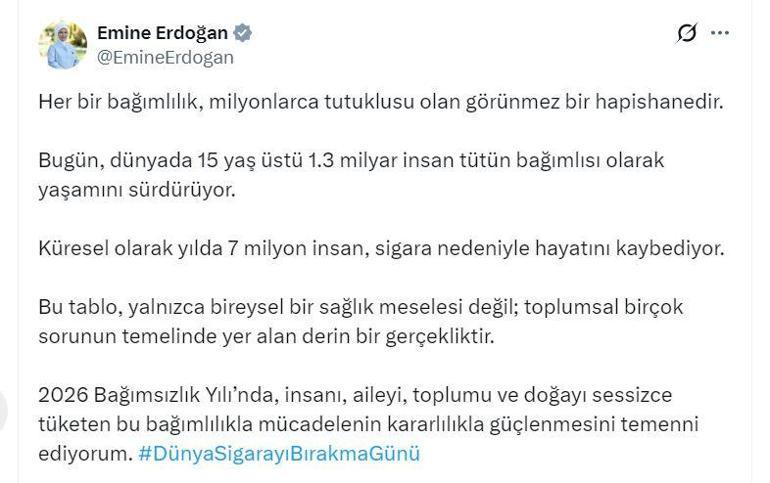 Emine Erdoğandan Dünya Sigarayı Bırakma Gününe ilişkin paylaşım