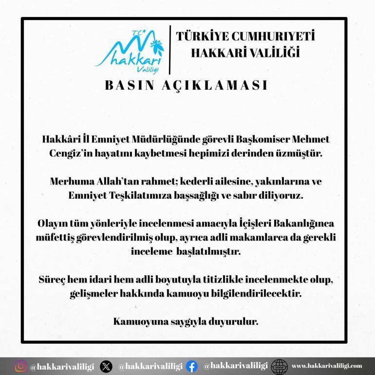 Hakkari Valiliğinden başkomiserin ölümüne ilişkin açıklama