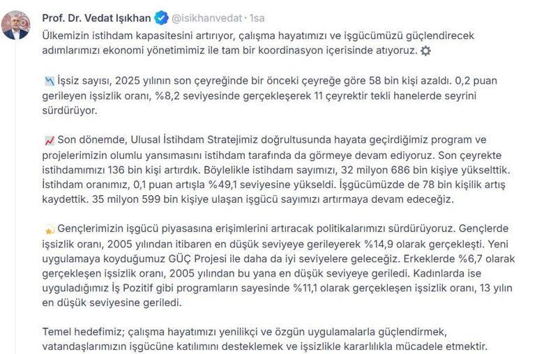 Bakan Işıkhan: İşsiz sayısı, bir önceki çeyreğe göre 58 bin kişi azaldı