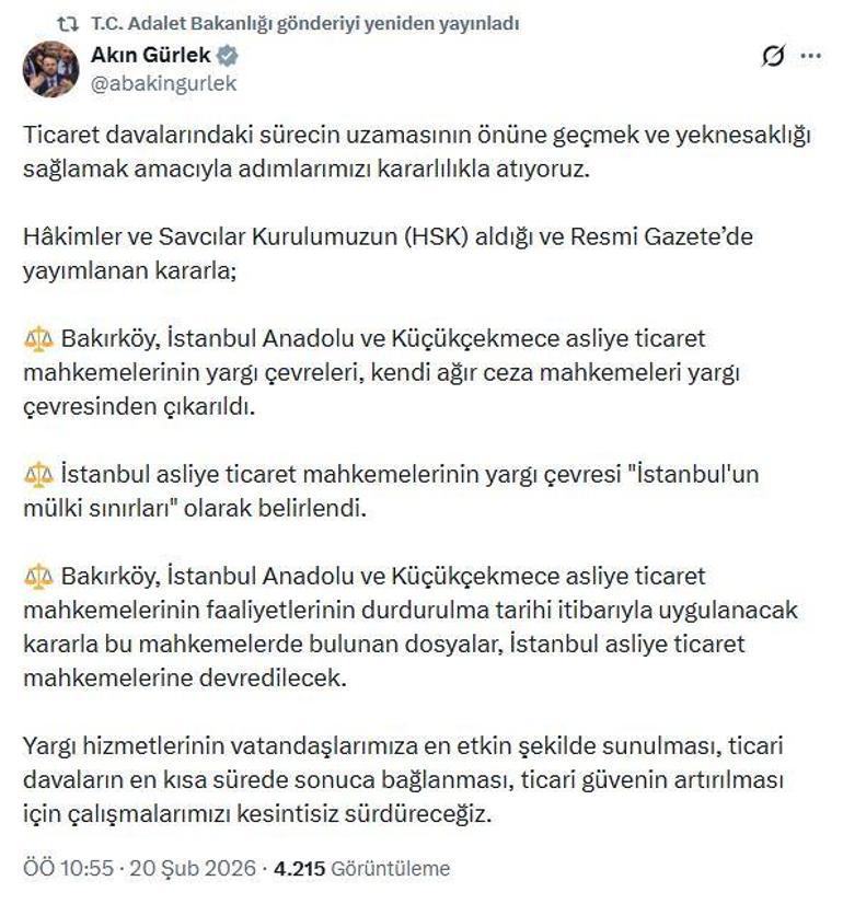 Bakan Gürlek: Yargı hizmetlerinin en etkili şekilde sunulması için çalışmalarımızı sürdüreceğiz