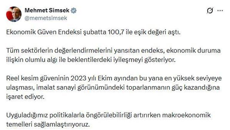 Bakan Şimşek: Ekonomik güven endeksi şubatta 100,7 ile eşik değeri aştı