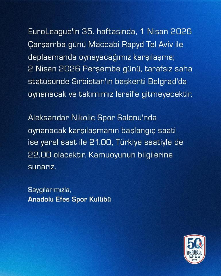 Anadolu Efes, Tel Aviv maçını Belgradda oynayacak