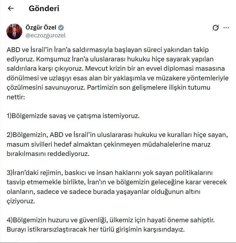 Özgür Özel: Bölgemizde savaş ve çatışma istemiyoruz