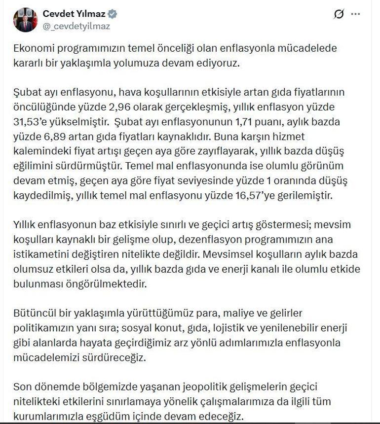 Cevdet Yılmaz: Yıllık enflasyonun artış göstermesi, mevsim koşulları kaynaklı