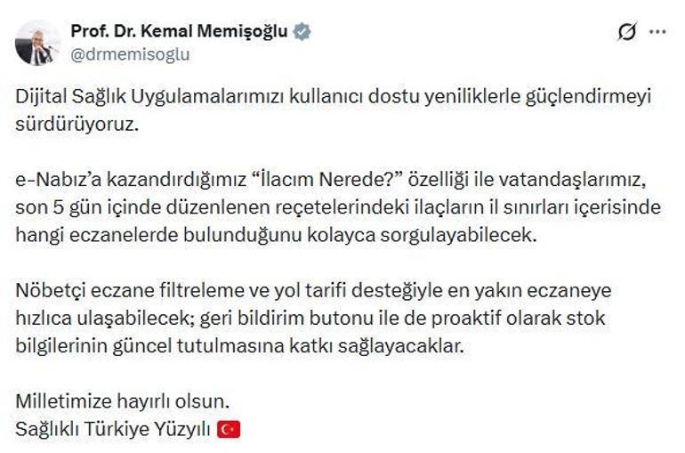 e-Nabıza İlacım Nerede özelliği eklendi