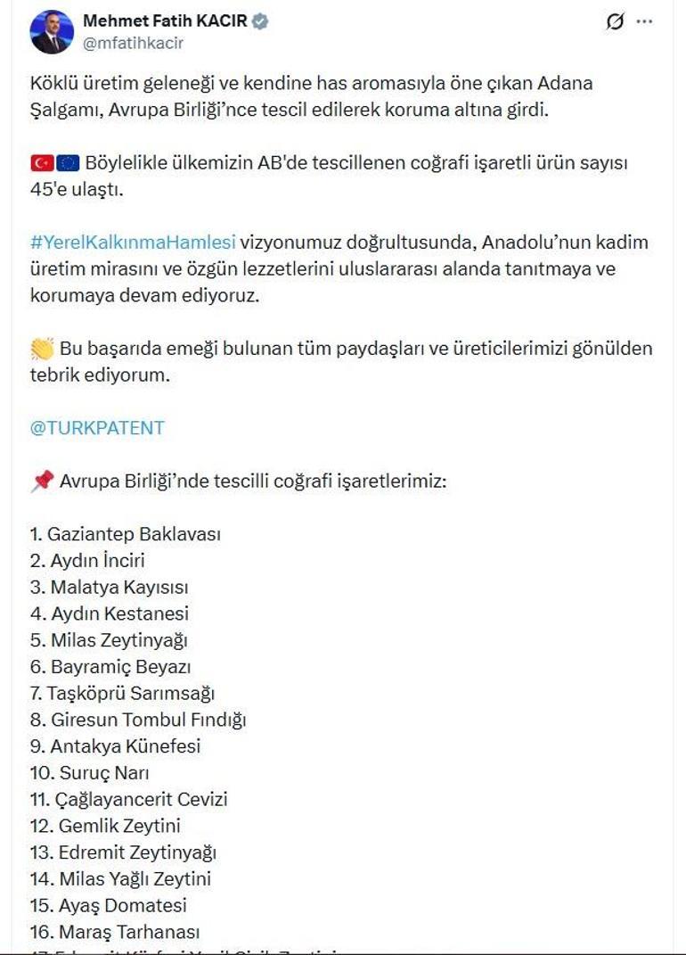 Bakan Kacır: Adana şalgamı, tescilli 45inci ürün oldu