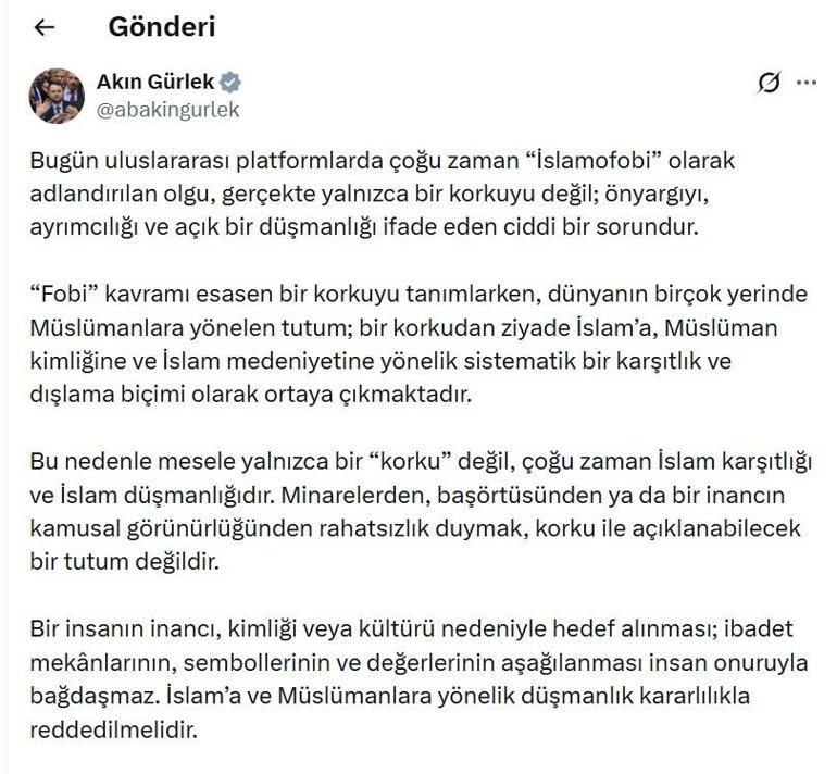 Bakan Gürlek: İslam’a ve Müslümanlara yönelik düşmanlık kararlılıkla reddedilmelidir