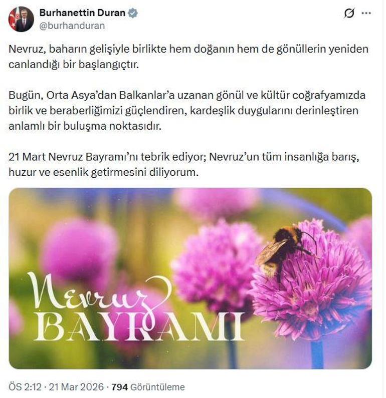 İletişim Başkanı Durandan Nevruz Bayramı mesajı