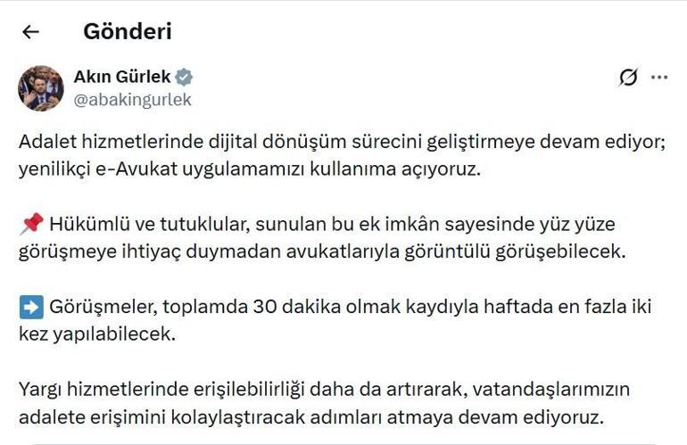 Bakan Gürlek: Hükümlü ve tutuklular, avukatlarıyla görüntülü görüşebilecek