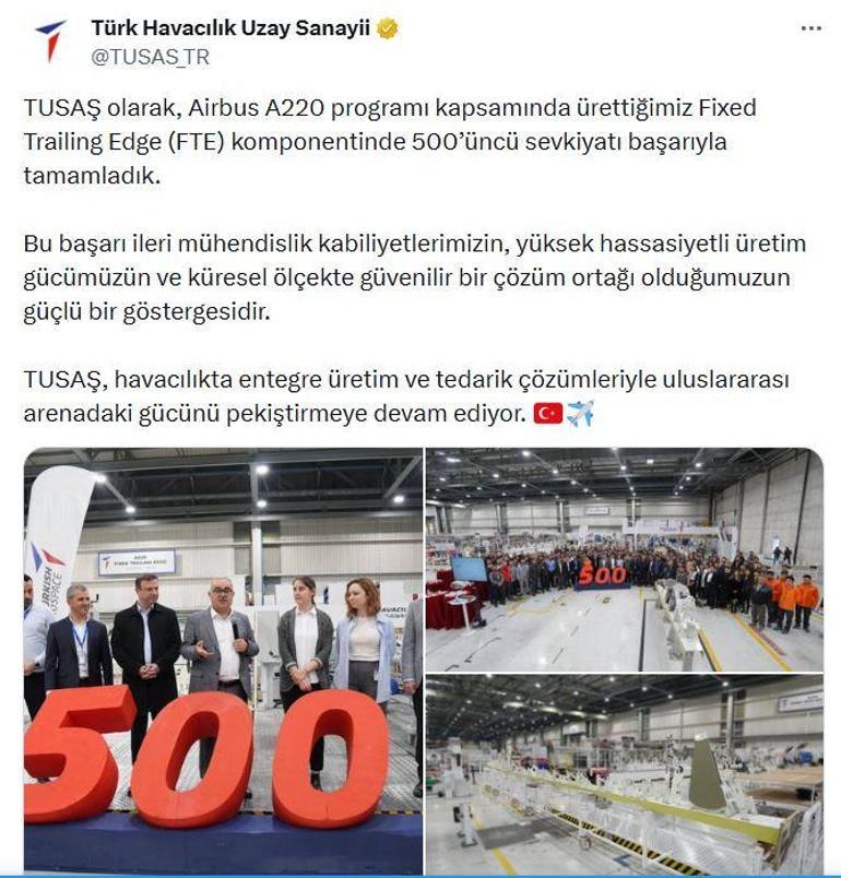 TUSAŞ, A220 programında 500üncü teslimatını gerçekleştirdi