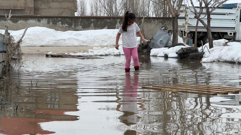 Yüksekovada biriken kar eriyince evlerin bahçeleri su ile doldu