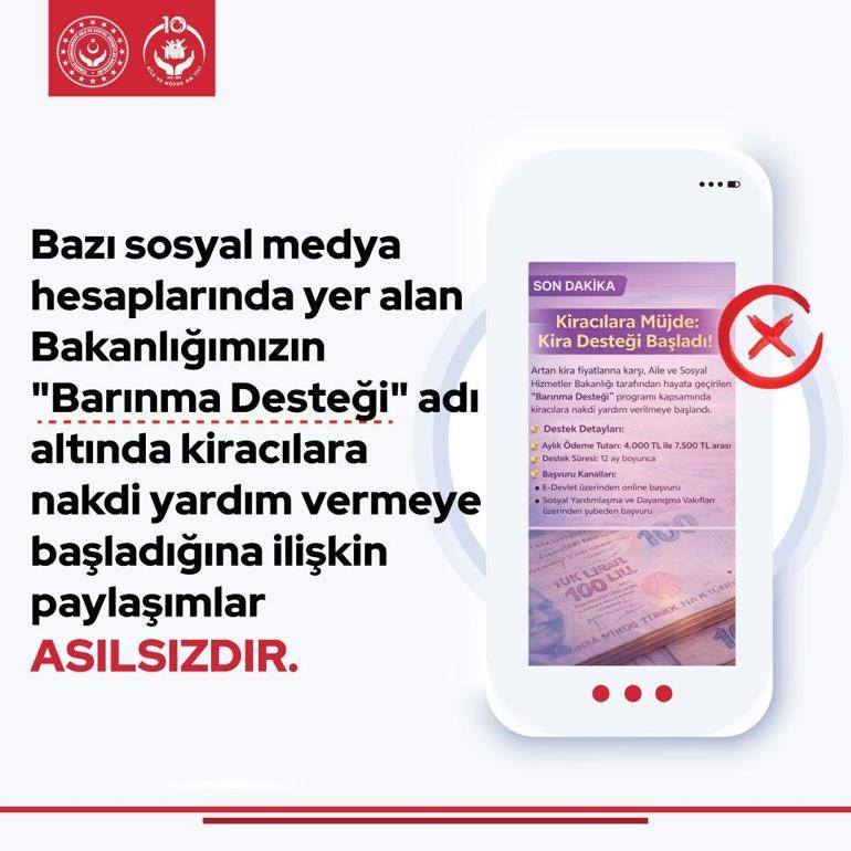 Aile ve Sosyal Hizmetler Bakanlığından, kiracılara barınma desteği paylaşımlarına yalanlama