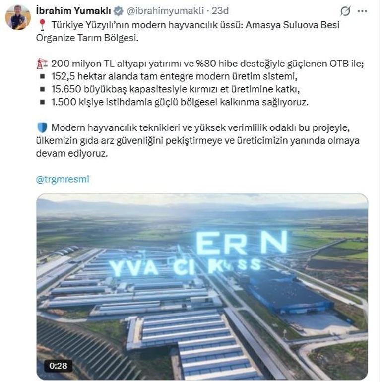 Bakan Yumaklı: Amasya Suluova Besi Organize Tarım Bölgesi 1500 kişiye istihdam sağlıyor