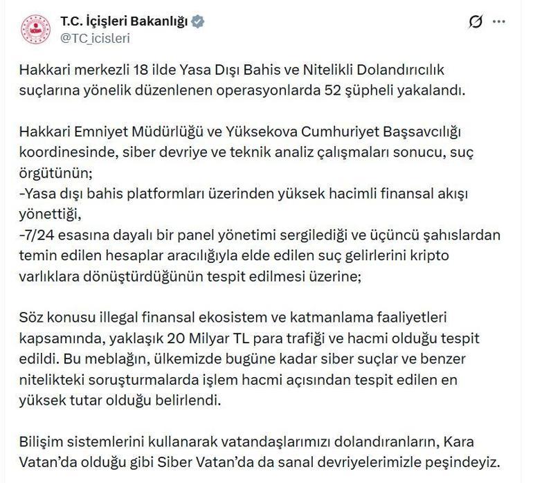 Hakkari merkezli 18 ilde yasa dışı bahis operasyonu: 52 gözaltı