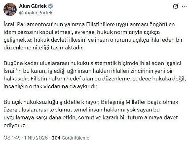 Bakan Gürlek: Yalnızca Filistinlilere uygulanan idam cezası evrensel hukukla açıkça çelişmekte