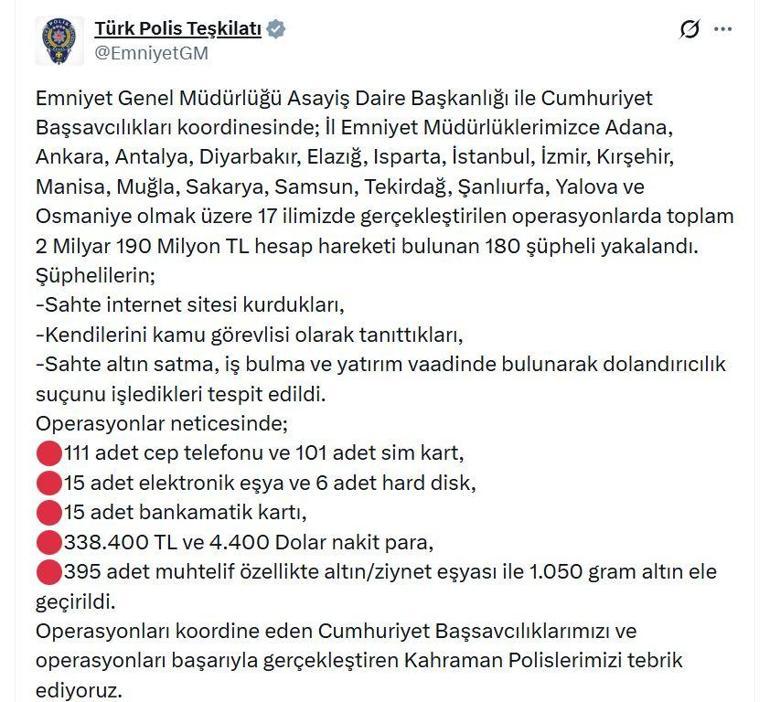 17 ilde dolandırıcılık operasyonu: 180 gözaltı