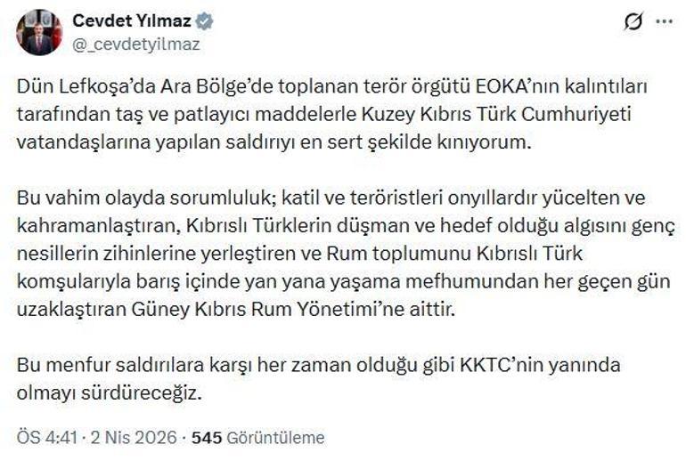 Cevdet Yılmaz: EOKA kalıntılarının saldırısını en sert şekilde kınıyorum