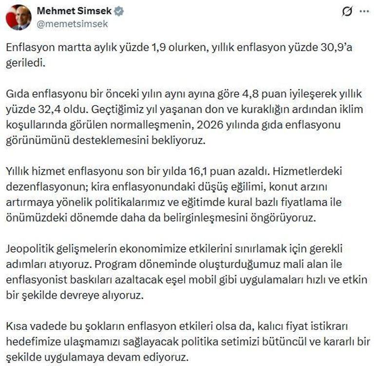 Bakan Şimşek: Enflasyonist baskıları azaltacak uygulamaları devreye alıyoruz