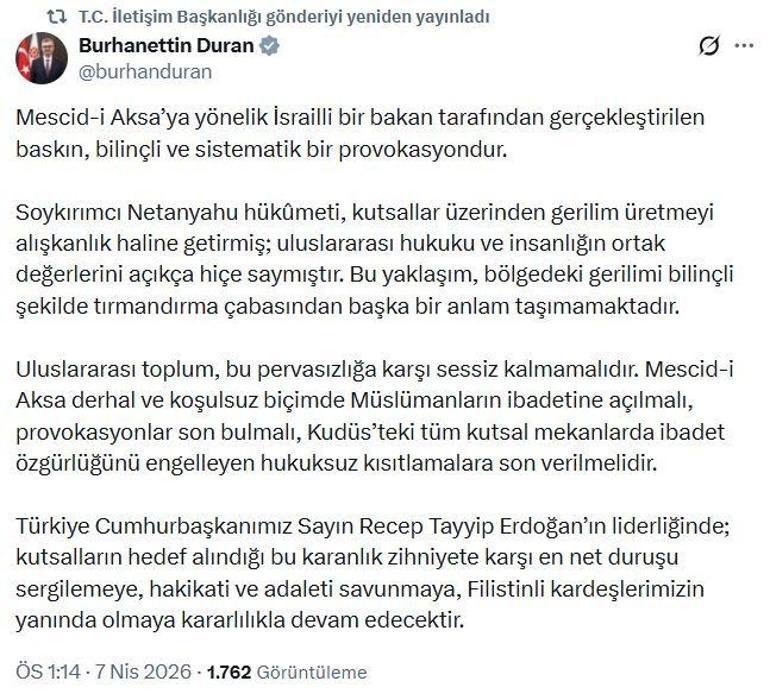 İletişim Başkanı Duran: Mescid-i Aksa’ya yönelik baskın, bilinçli ve sistematik bir provokasyondur