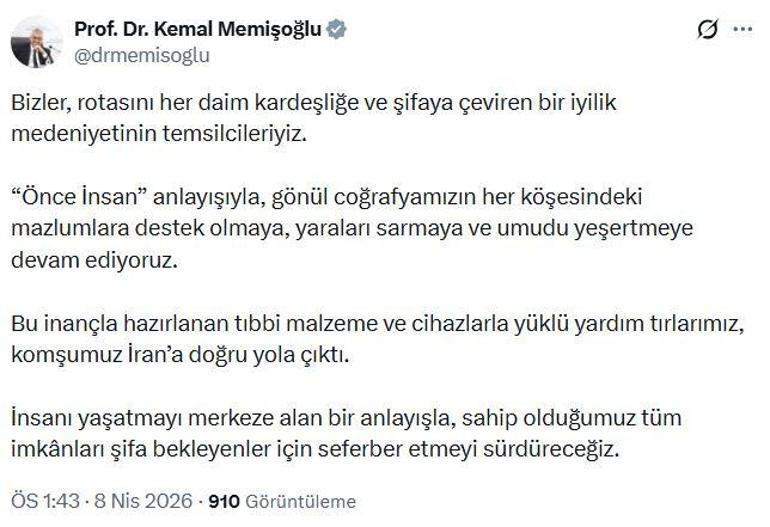 Bakan Memişoğlu: Tıbbi yardım yüklü TIRlarımız İrana yola çıktı