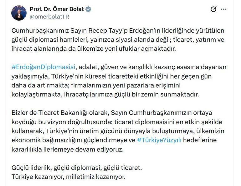 Bakan Bolat: Erdoğan diplomasisi, ihracatçılarımıza güçlü bir zemin sunuyor