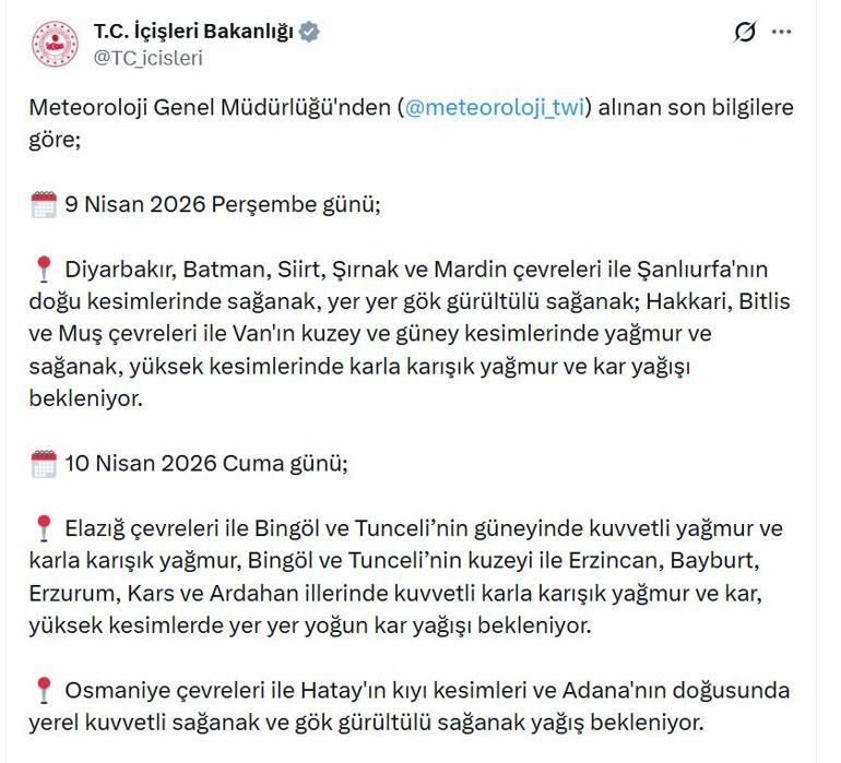 İçişleri Bakanlığından sağanak ve kar uyarısı