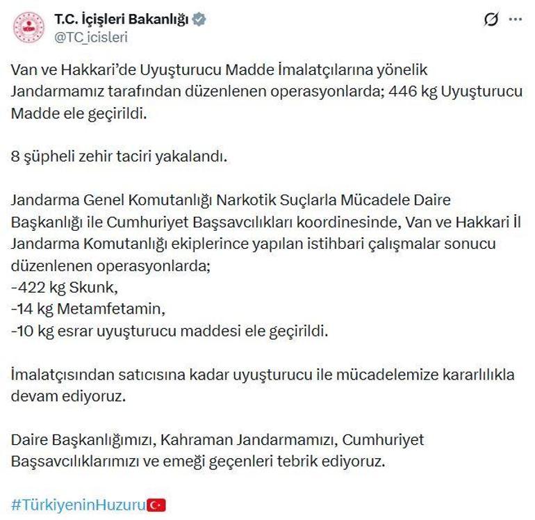 Van ve Hakkaride 446 kilo uyuşturucu ele geçirildi: 8 gözaltı