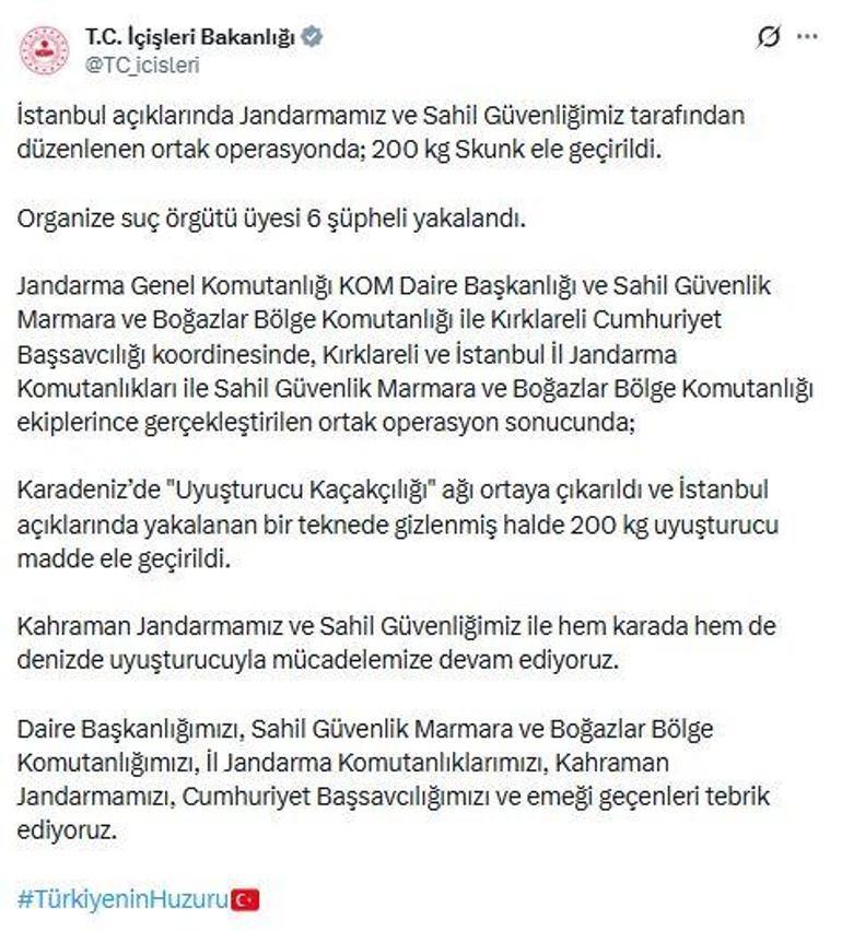 İçişleri Bakanlığı: İstanbul açıklarında 200 kilo skunk ele geçirildi, 6 şüpheli gözaltına alındı