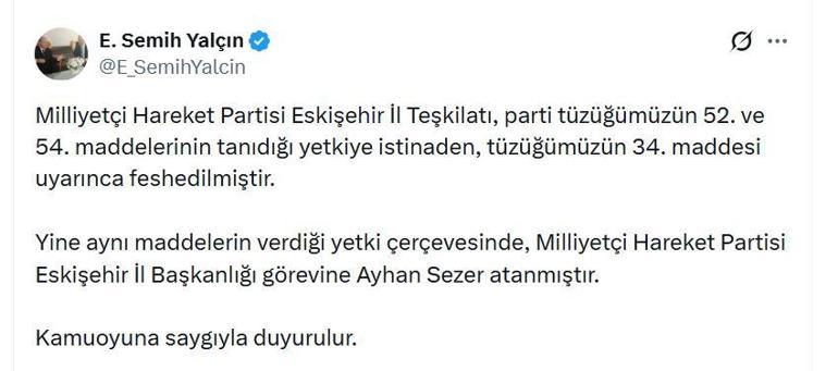 MHPli Yalçın: Eskişehir İl Teşkilatı feshedildi