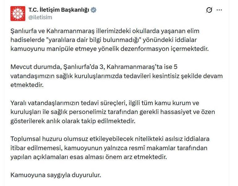 İletişim Başkanlığı: Şanlıurfada 3, Kahramanmaraşta 5 kişinin tedavisi devam ediyor