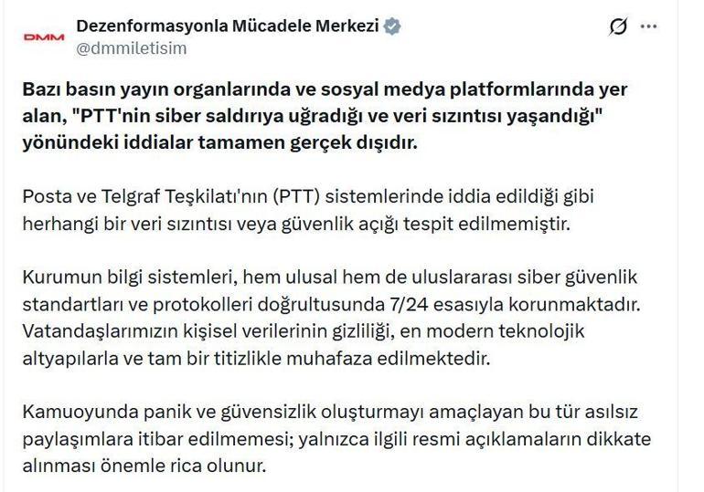 DMM: PTT sistemlerinde herhangi bir veri sızıntısı tespit edilmedi