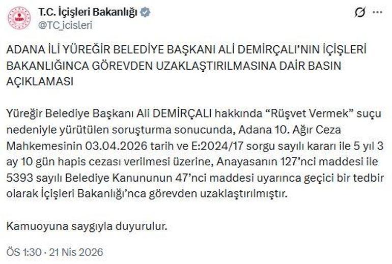 Yüreğir Belediye Başkanı Demirçalı, görevden uzaklaştırıldı