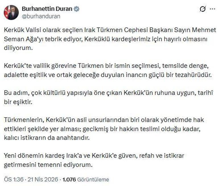 İletişim Başkanı Durandan Kerkük Valisi seçilen Mehmet Seman Ağaya tebrik