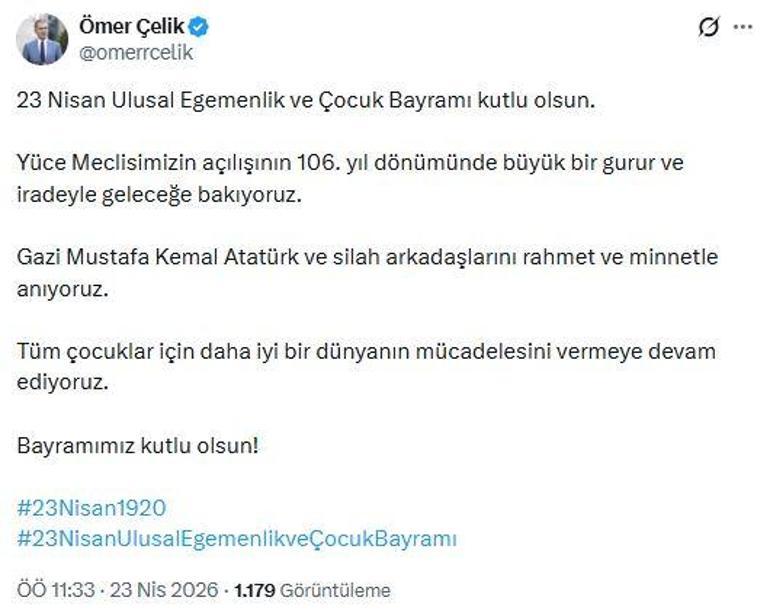 AK Partili Çelik: 23 Nisan Ulusal Egemenlik ve Çocuk Bayramı kutlu olsun