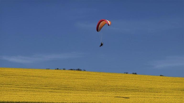 Sarı renge bürünen kanola tarlası üzerinde paramotorla uçtu