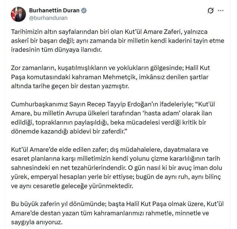 İletişim Başkanı Durandan Kutül Amare Zaferi paylaşımı