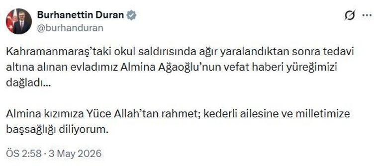 İletişim Başkanı Durandan okuldaki saldırının ardından yaşamını yitiren Almina için başsağlığı