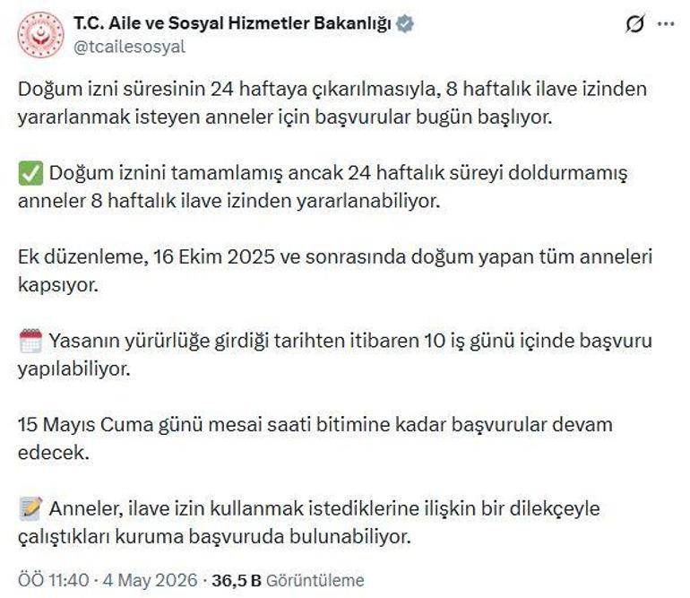 İlave doğum izni başvuruları bugün başlıyor