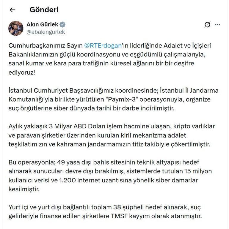 Bakan Gürlek: Paymix-3 operasyonuyla suç örgütlerine tarihi darbe indirildi
