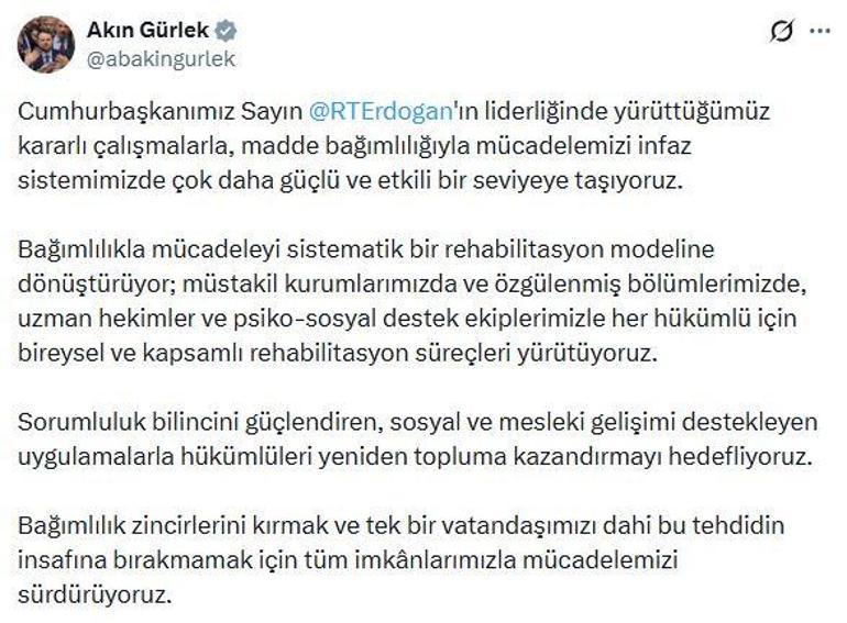 Bakan Gürlek: Bağımlılıkla mücadeleyi sistematik bir rehabilitasyon modeline dönüştürüyoruz
