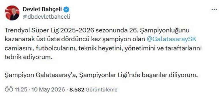 Bahçeli’den Galatasaray’a tebrik mesajı
