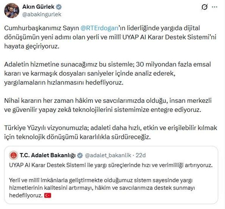 Bakan Gürlek: UYAP Al Karar Destek Sistemini hayata geçiriyoruz