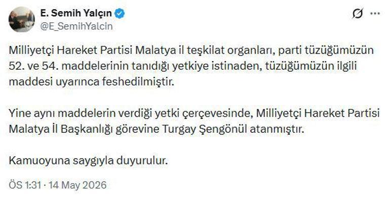 MHPli Yalçın: MHP Malatya il teşkilatı feshedildi