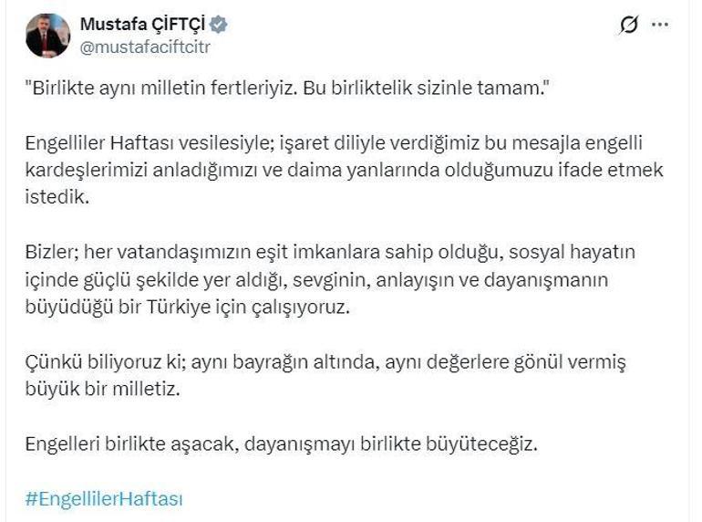Bakan Çiftçiden işaret diliyle Engelliler Haftası mesajı